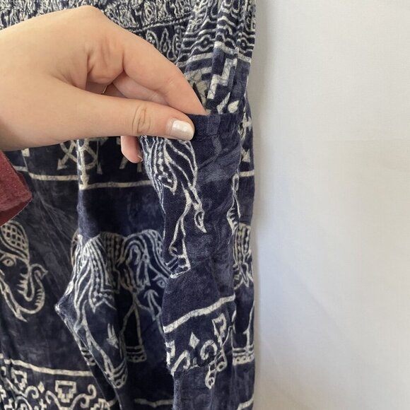 Bohemian Elephant Print Rayon Pants With Elastic Waist & Pockets Navy & White M - Picture 3 of 7